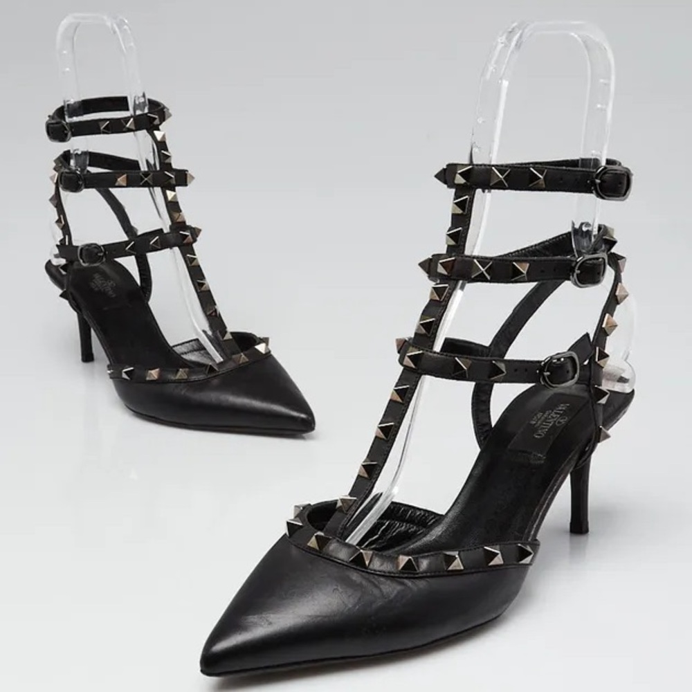 Valentino Black Noir Rockstud Caged 65 Leather Ankle Strap Pump Heels